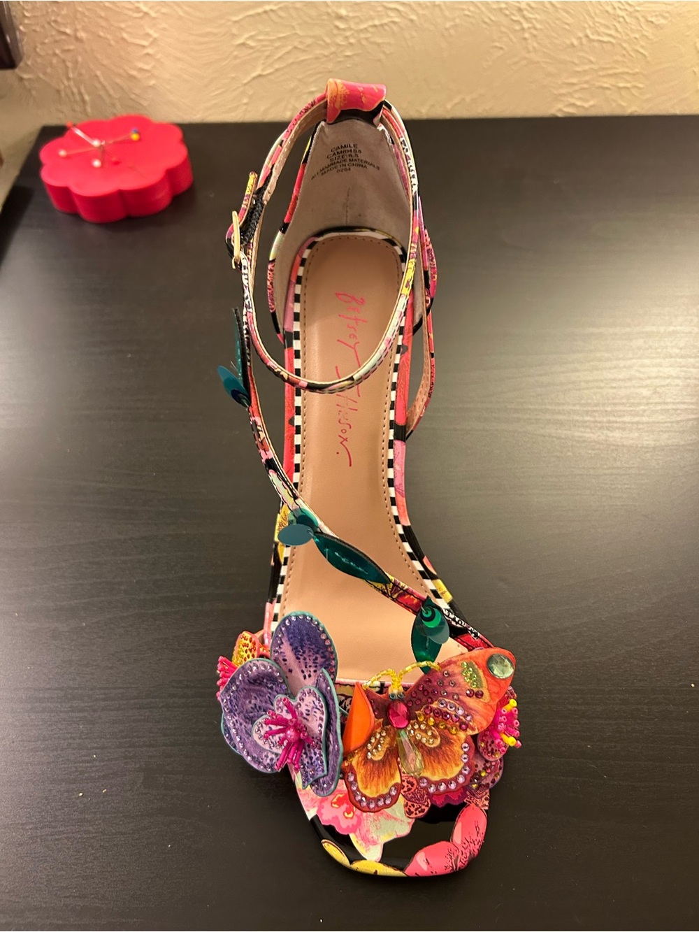 Betsey Johnson Multicolor Floral Embellished Ankle-Strap Heels - Picture 7 of 14